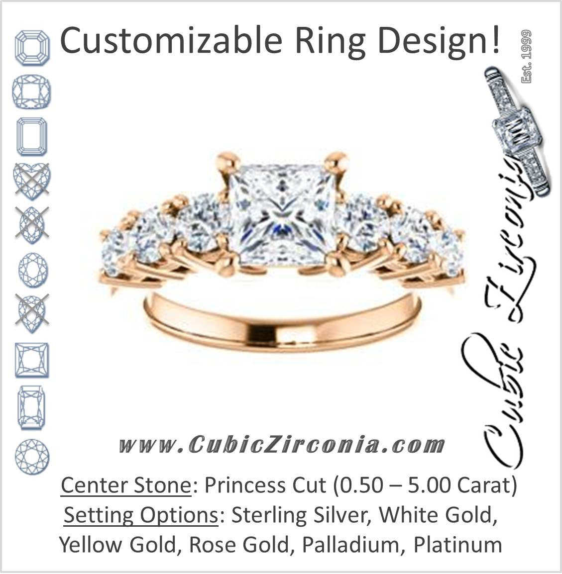 Cubic Zirconia Engagement Ring- The Mysti (Customizable Princess Cut Seven-stone Design with Round Prong Accents)