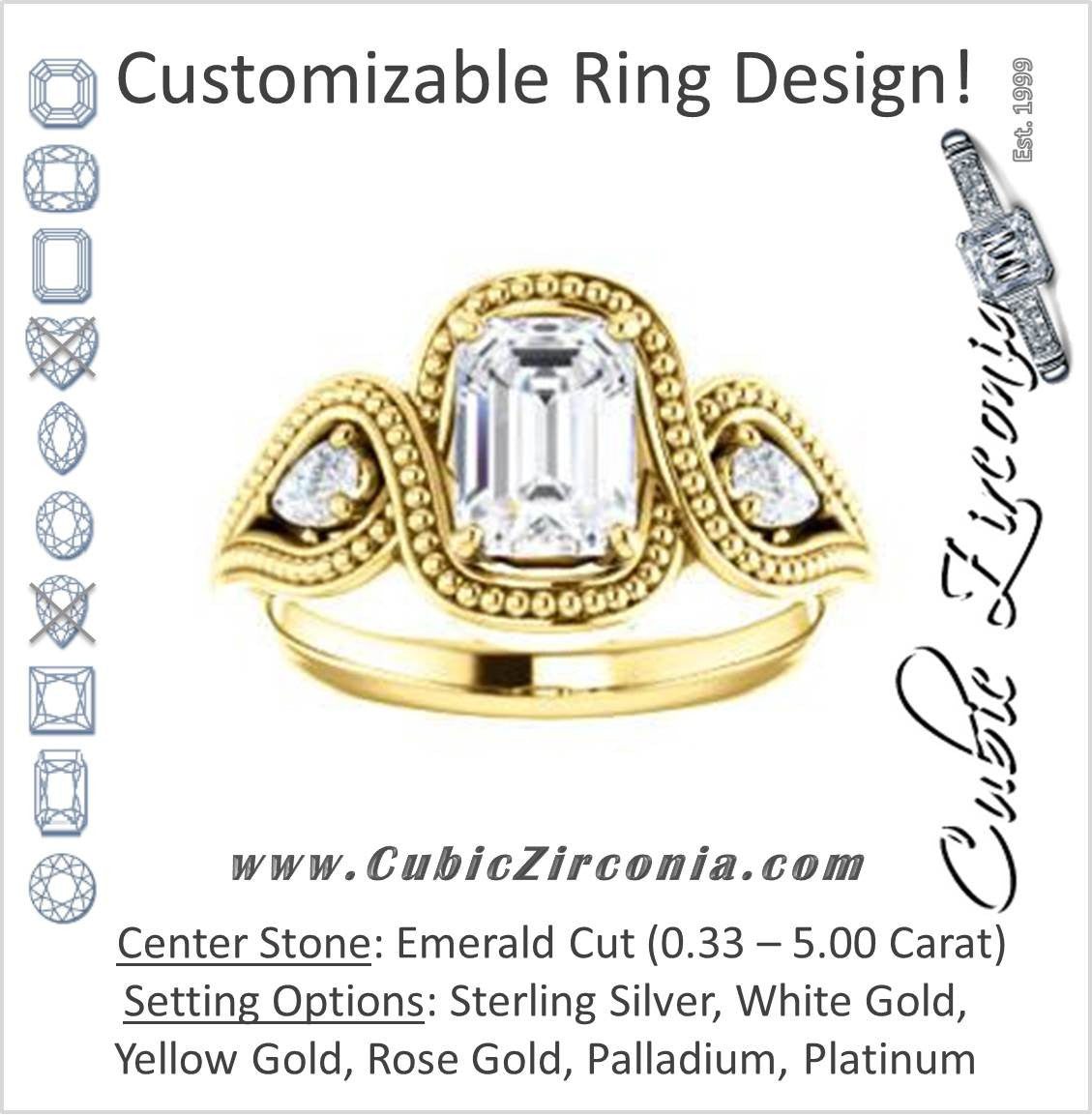 Cubic Zirconia Engagement Ring- The Nainika (Customizable 3-stone Emerald Cut Design with Pear Accents and Filigreed Split Band)