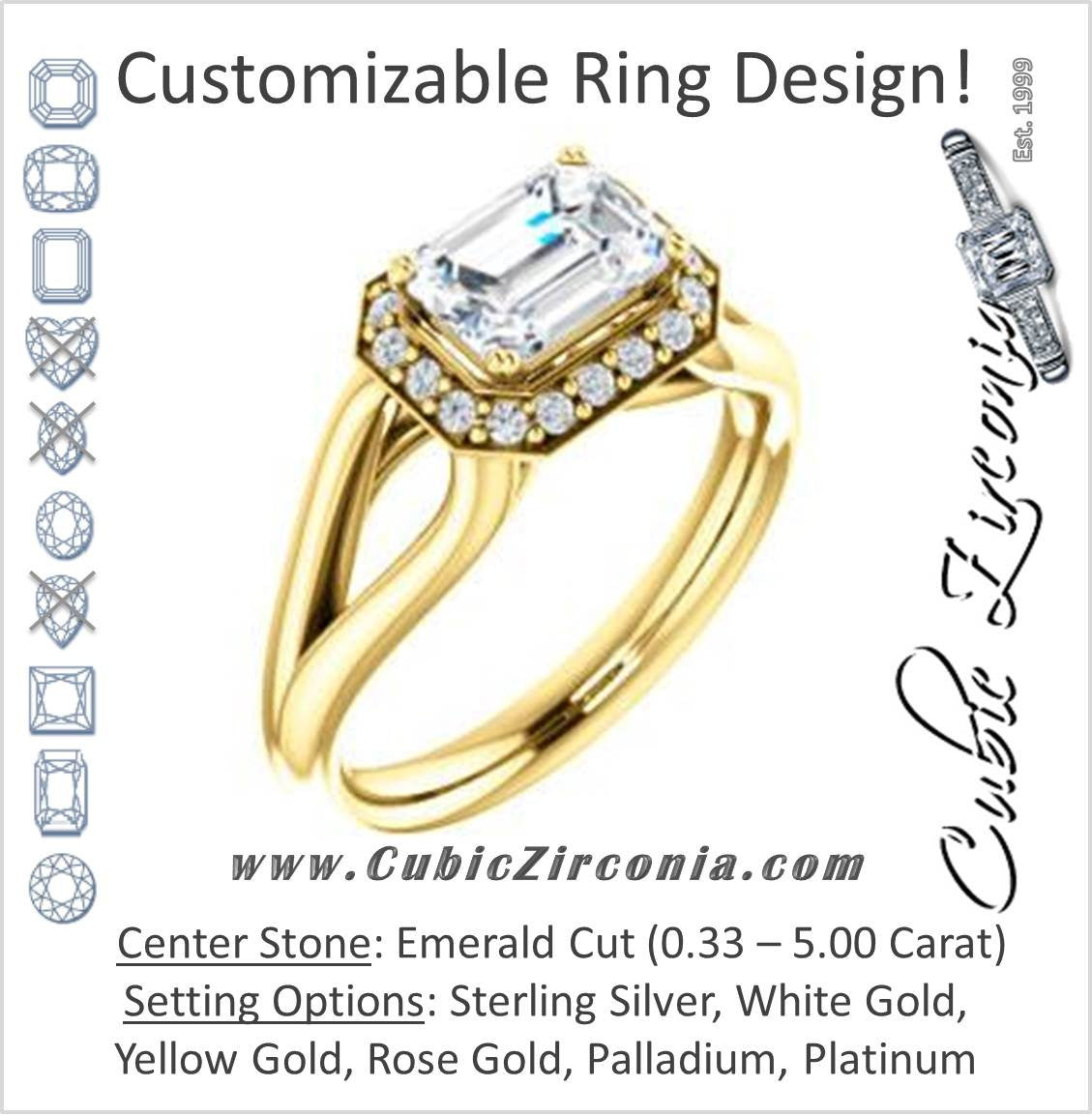 Cubic Zirconia Engagement Ring- The Nancy Avila (Customizable Halo-Accented Emerald Cut Design with Wide Split-Band)
