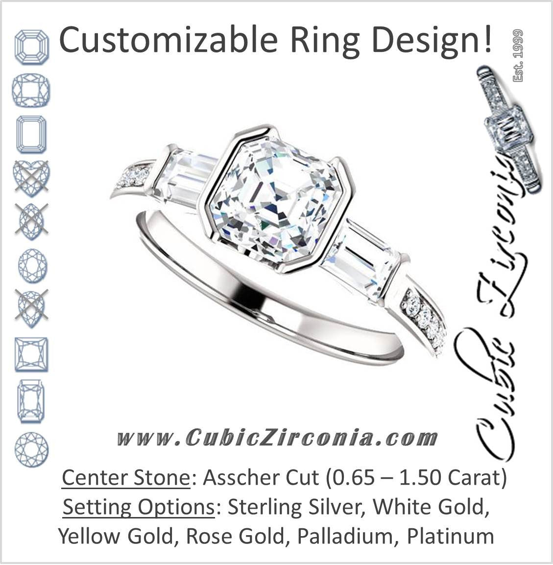 Cubic Zirconia Engagement Ring- The Naomi (Customizable Bezel-set Asscher Cut Design with Dual Baguettes & Pavé Band)