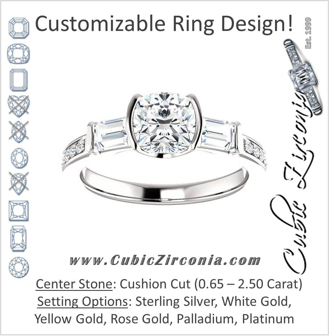 Cubic Zirconia Engagement Ring- The Naomi (Customizable Bezel-set Cushion Cut Design with Dual Baguettes & Pavé Band)
