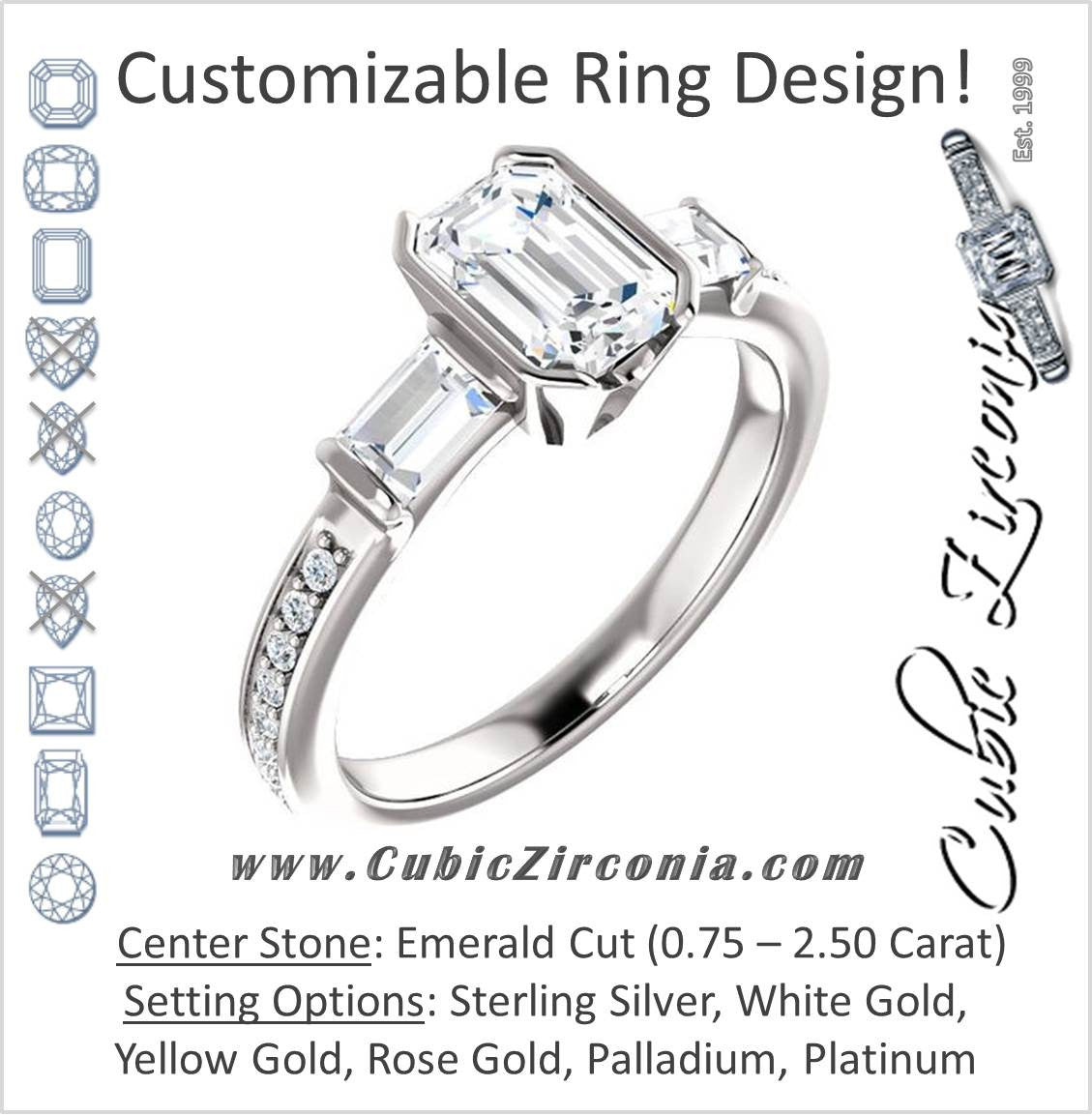 Cubic Zirconia Engagement Ring- The Naomi (Customizable Bezel-set Emerald Cut Design with Dual Baguettes & Pavé Band)