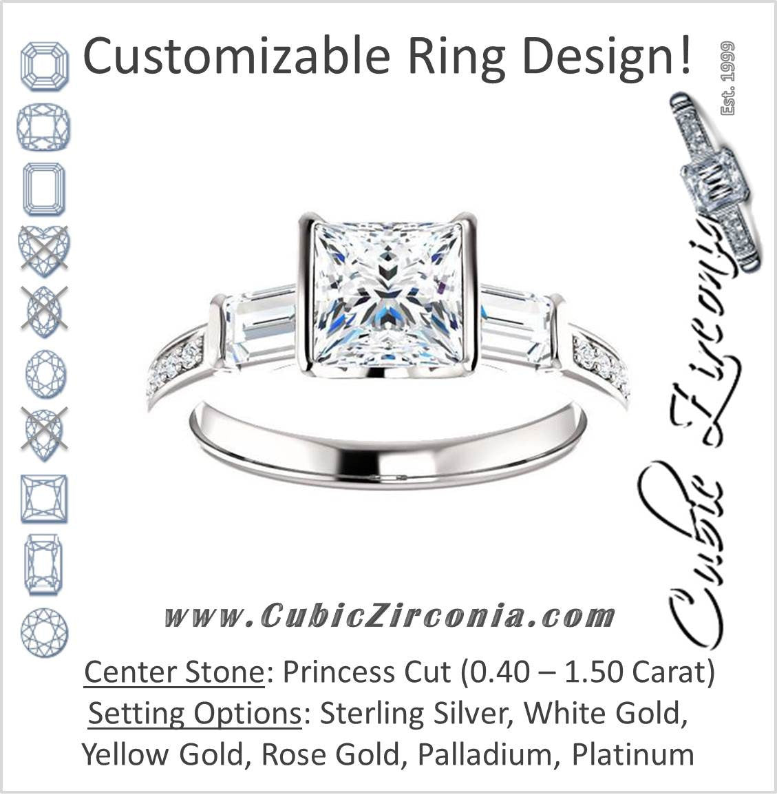 Cubic Zirconia Engagement Ring- The Naomi (Customizable Bezel-set Princess Cut Design with Dual Baguettes & Pavé Band)