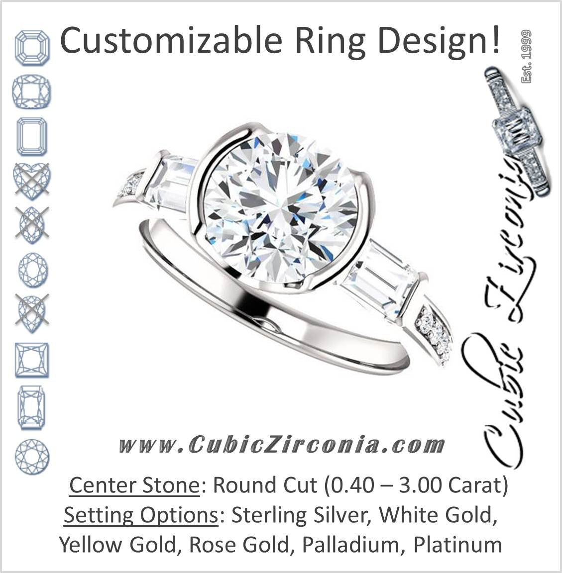 Cubic Zirconia Engagement Ring- The Naomi (Customizable Bezel-set Round Cut Design with Dual Baguettes & Pavé Band)