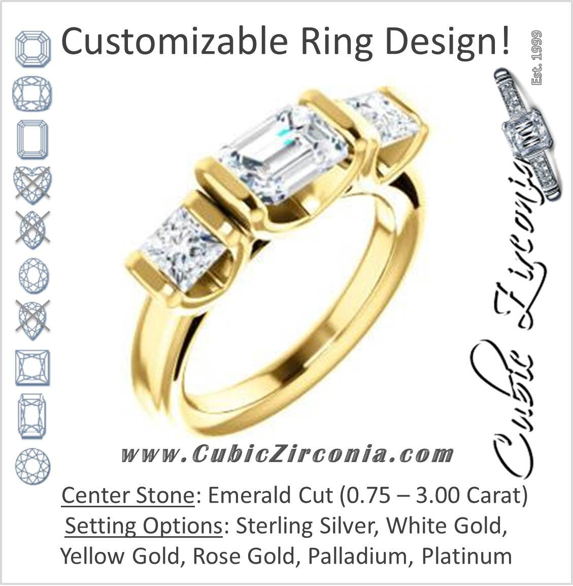 Cubic Zirconia Engagement Ring- The Nazareth (Customizable 3-stone Bar-set Emerald Cut Design with Princess Accents)