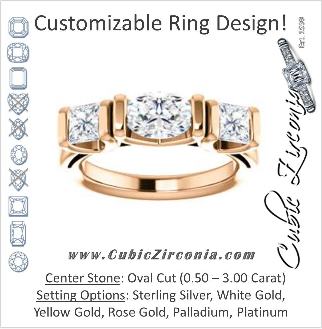 Cubic Zirconia Engagement Ring- The Nazareth (Customizable 3-stone Bar-set Oval Cut Design with Princess Accents)