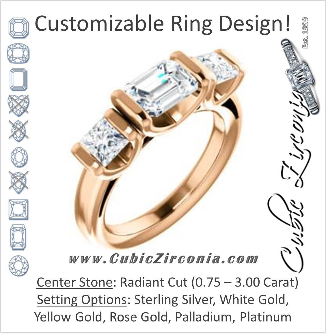 Cubic Zirconia Engagement Ring- The Nazareth (Customizable 3-stone Bar-set Radiant Cut Design with Princess Accents)