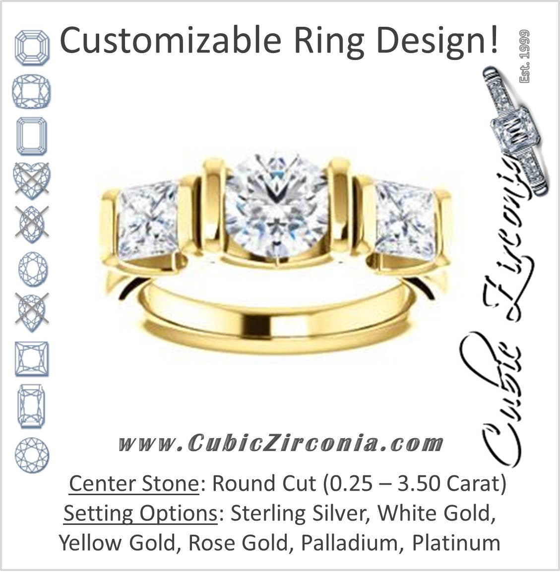 Cubic Zirconia Engagement Ring- The Nazareth (Customizable 3-stone Bar-set Round Cut Design with Princess Accents)