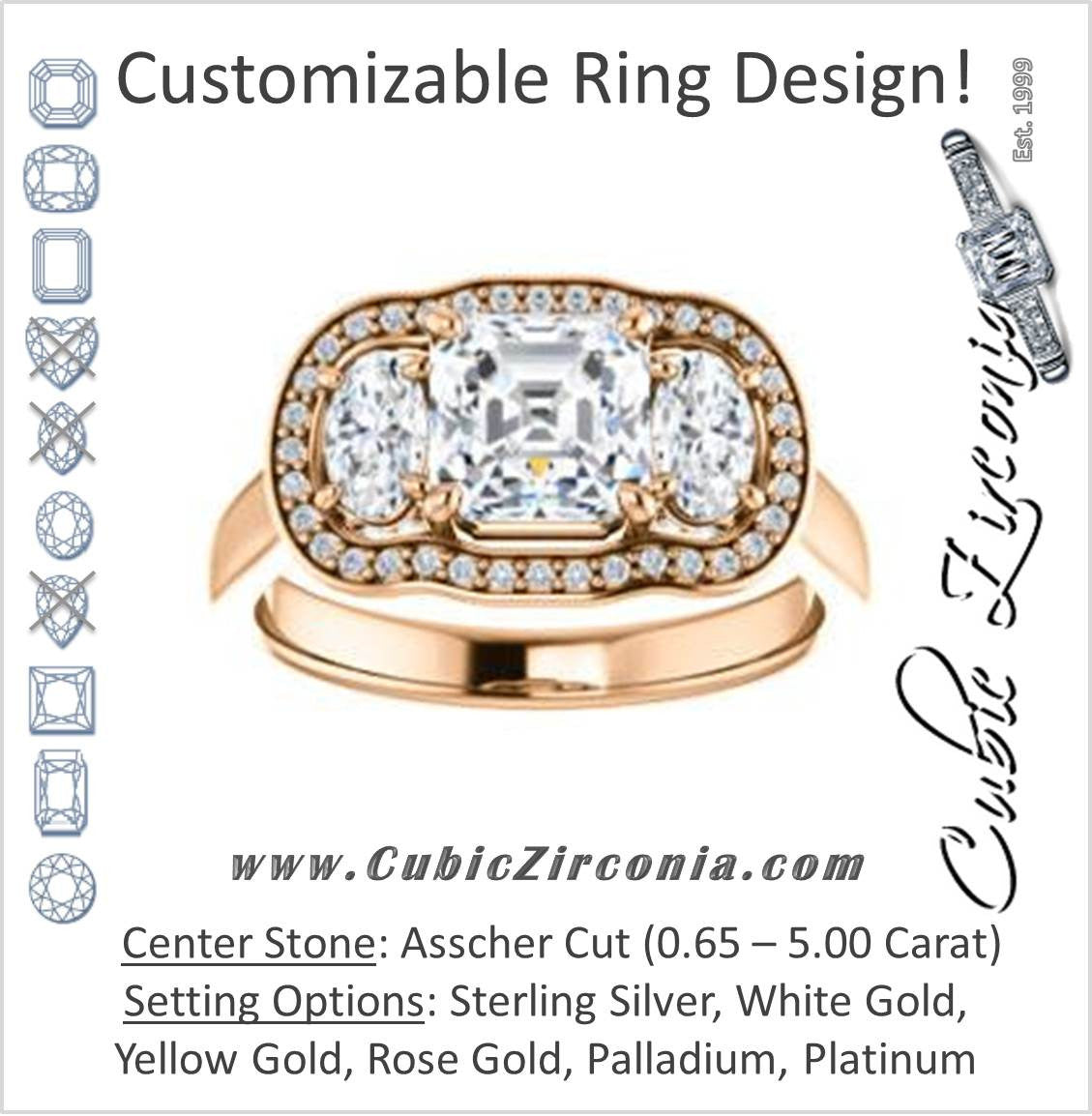 Cubic Zirconia Engagement Ring- The Nettie (Customizable Enhanced 3-stone Halo-Surrounded Design with Asscher Cut Center, Dual Oval Cut Accents, and Decorative Pavé-Accented Trellis)