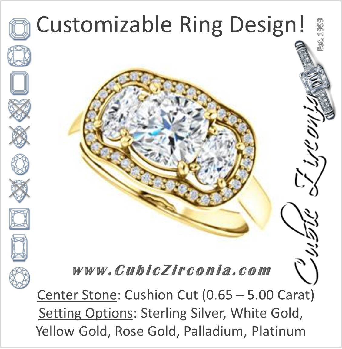 Cubic Zirconia Engagement Ring- The Nettie (Customizable Enhanced 3-stone Halo-Surrounded Design with Cushion Cut Center, Dual Oval Cut Accents, and Decorative Pavé-Accented Trellis)