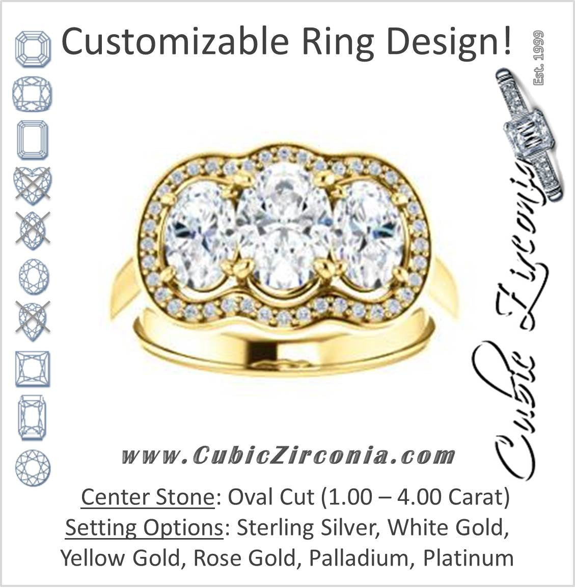 Cubic Zirconia Engagement Ring- The Nettie (Customizable Enhanced 3-stone Halo-Surrounded Design with Oval Cut Center, Dual Oval Cut Accents, and Decorative Pavé-Accented Trellis)