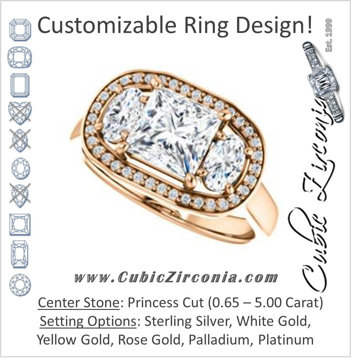Cubic Zirconia Engagement Ring- The Nettie (Customizable Enhanced 3-stone Halo-Surrounded Design with Princess Cut Center, Dual Oval Cut Accents, and Decorative Pavé-Accented Trellis)