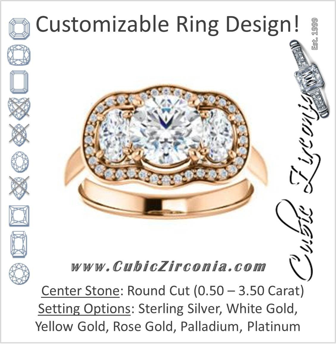 Cubic Zirconia Engagement Ring- The Nettie (Customizable Enhanced 3-stone Halo-Surrounded Design with Round Cut Center, Dual Oval Cut Accents, and Decorative Pavé-Accented Trellis)