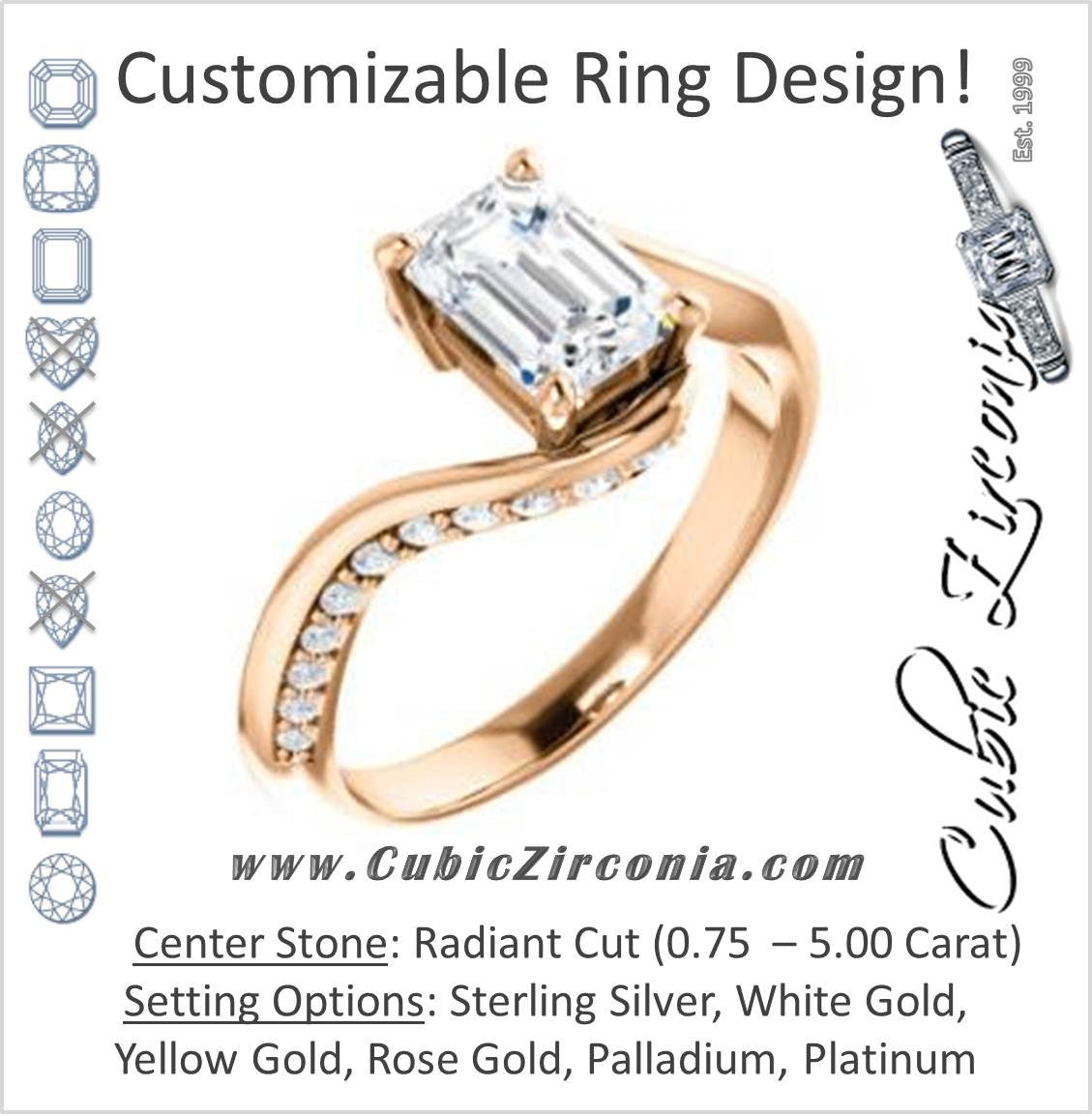 Cubic Zirconia Engagement Ring- The Nicola (Customizable Radiant Cut Style with Twisting Bypass Band featuring Inset Pavé Accents)