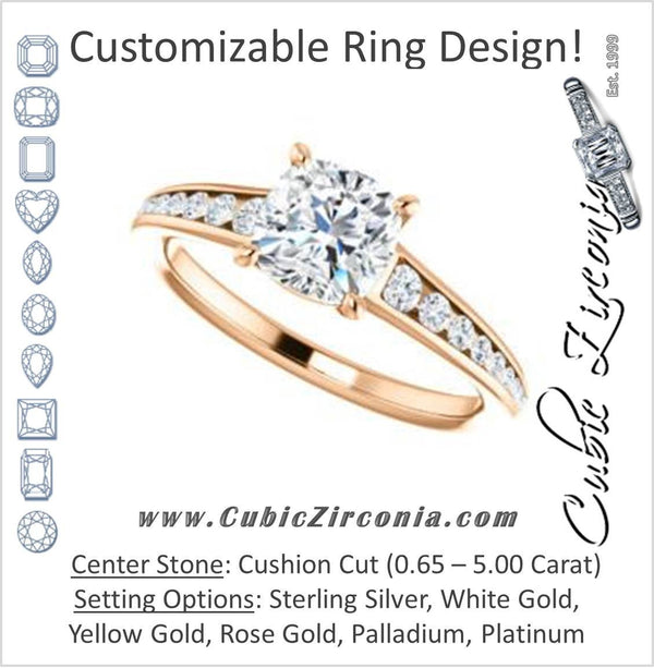 Cubic Zirconia Engagement Ring- The Noa (Customizable Cushion Cut Center featuring Tapered Band with Round Channel Accents)