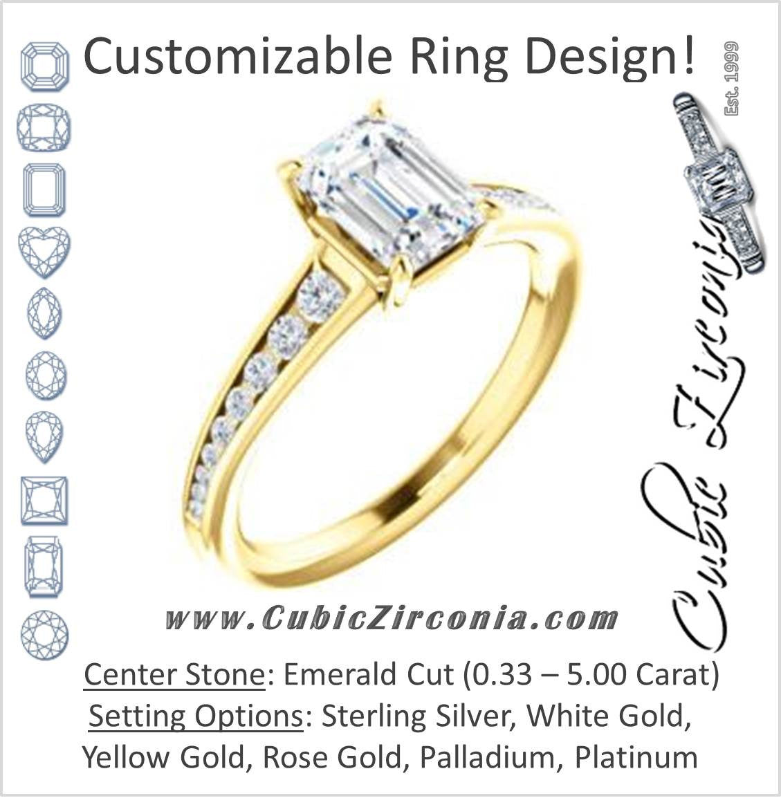 Cubic Zirconia Engagement Ring- The Noa (Customizable Emerald Cut Center featuring Tapered Band with Round Channel Accents)