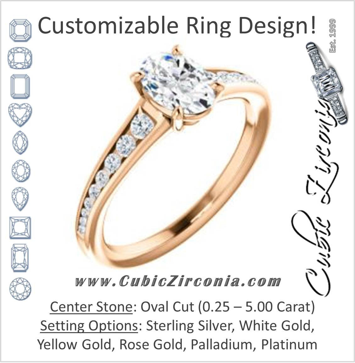 Cubic Zirconia Engagement Ring- The Noa (Customizable Oval Cut Center featuring Tapered Band with Round Channel Accents)
