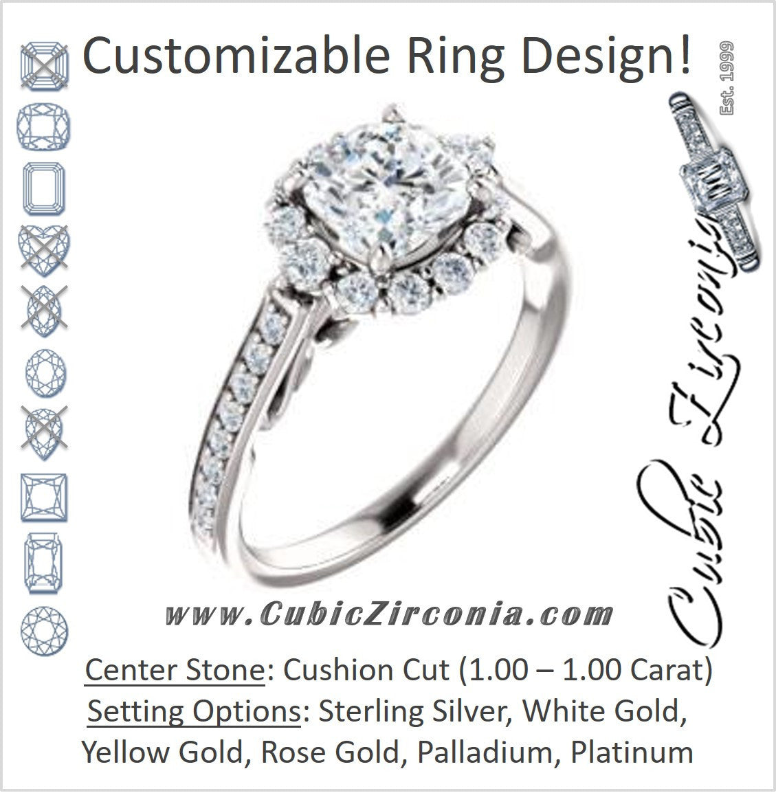 Cubic Zirconia Engagement Ring- The Oceane (Customizable Cushion Cut Design with Raised Decorative-Peekaboo Trellis, Halo and Thin Pavé Band)