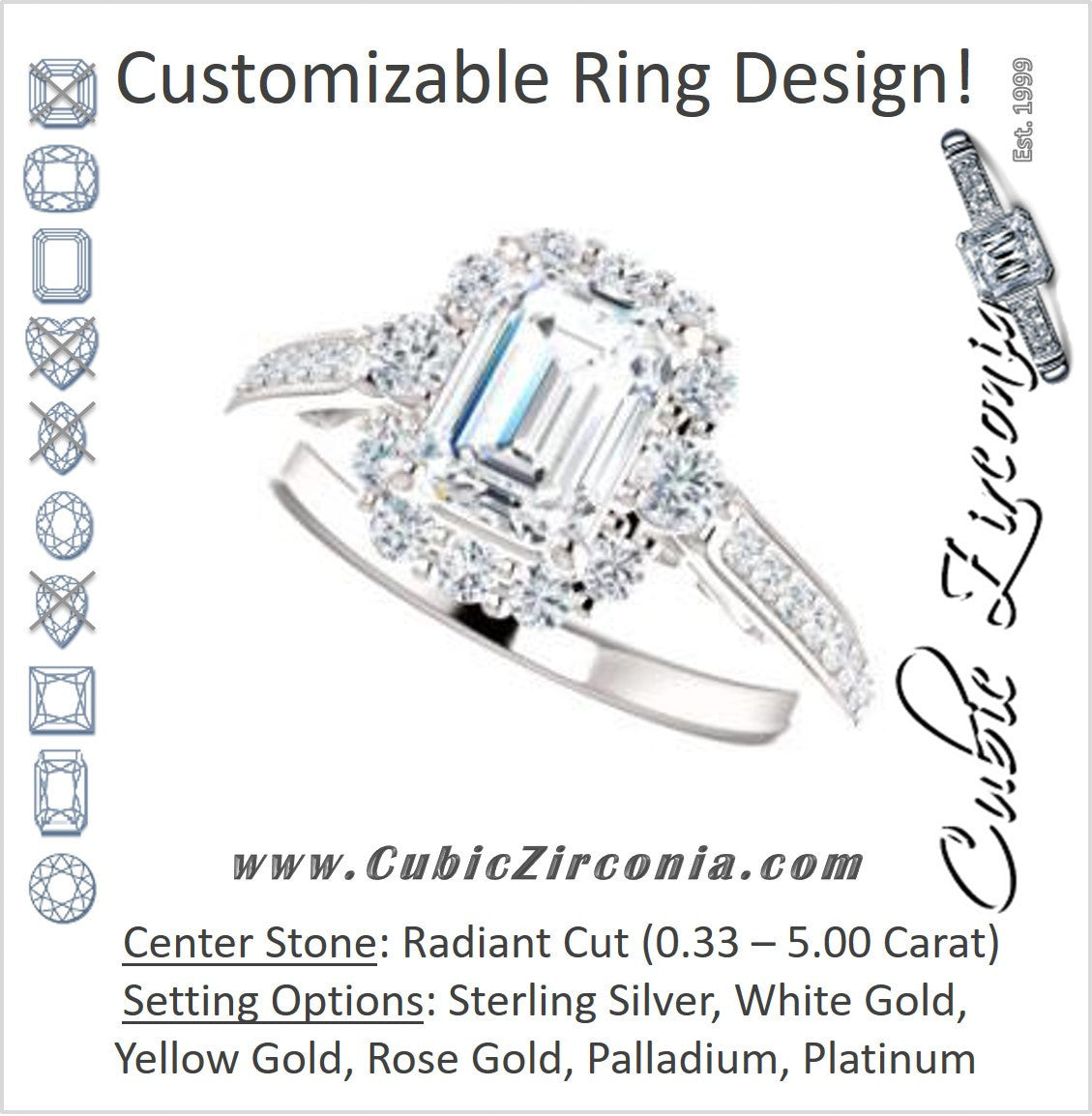 Cubic Zirconia Engagement Ring- The Oceane (Customizable Radiant Cut Design with Raised Decorative-Peekaboo Trellis, Halo and Thin Pavé Band)