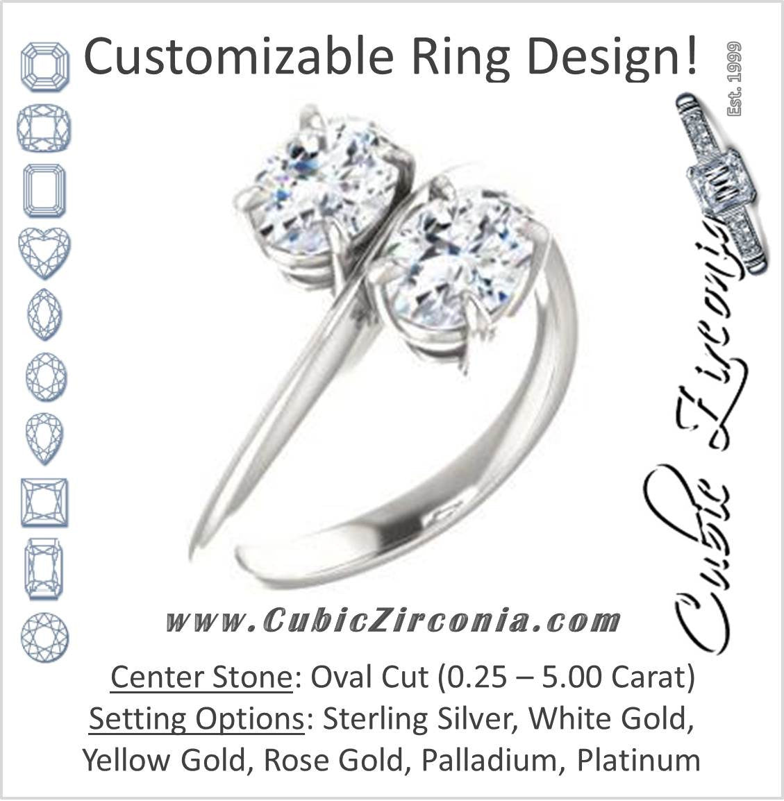 Cubic Zirconia Engagement Ring- The Patti (Customizable Oval Cut 2-stone Bypass Style)