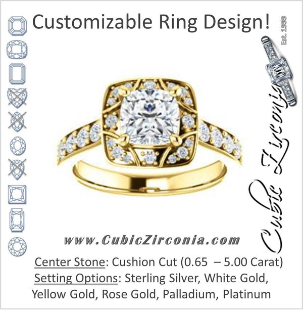 Cubic Zirconia Engagement Ring- The Payton (Customizable Cushion Cut with Segmented Cluster-Halo and Large-Accented Band)