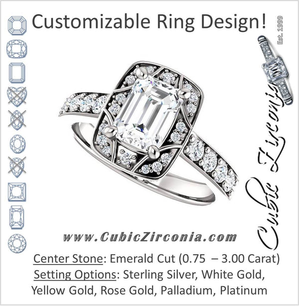 Cubic Zirconia Engagement Ring- The Payton (Customizable Emerald Cut with Segmented Cluster-Halo and Large-Accented Band)