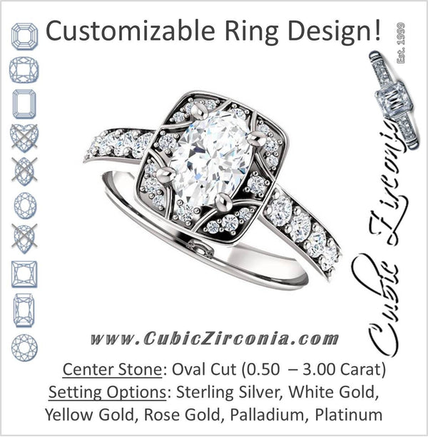 Cubic Zirconia Engagement Ring- The Payton (Customizable Oval Cut with Segmented Cluster-Halo and Large-Accented Band)