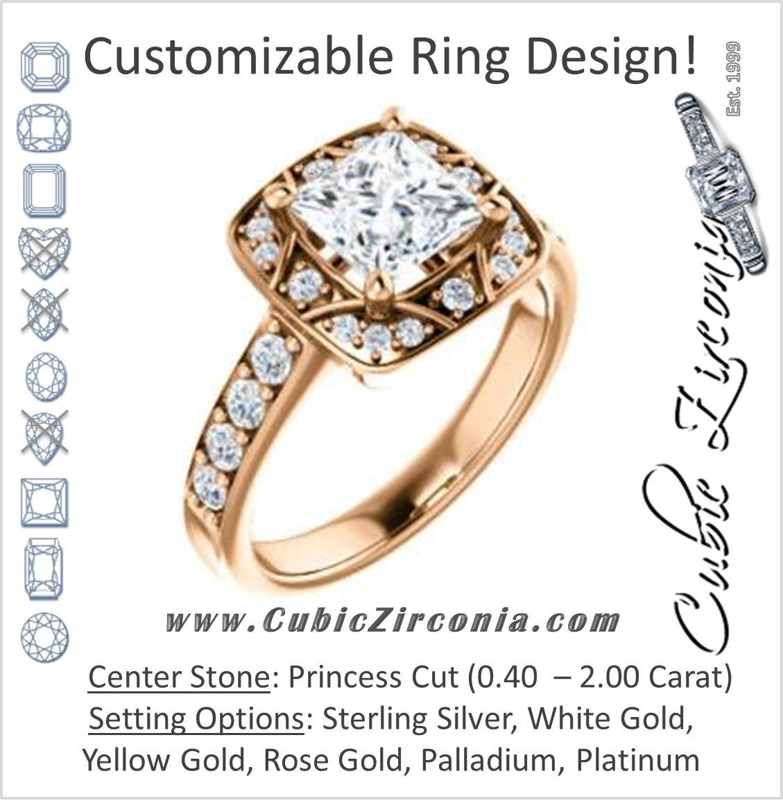 Cubic Zirconia Engagement Ring- The Payton (Customizable Princess Cut with Segmented Cluster-Halo and Large-Accented Band)
