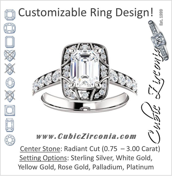 Cubic Zirconia Engagement Ring- The Payton (Customizable Radiant Cut with Segmented Cluster-Halo and Large-Accented Band)