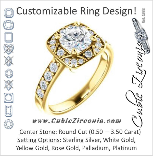 Cubic Zirconia Engagement Ring- The Payton (Customizable Round Cut with Segmented Cluster-Halo and Large-Accented Band)