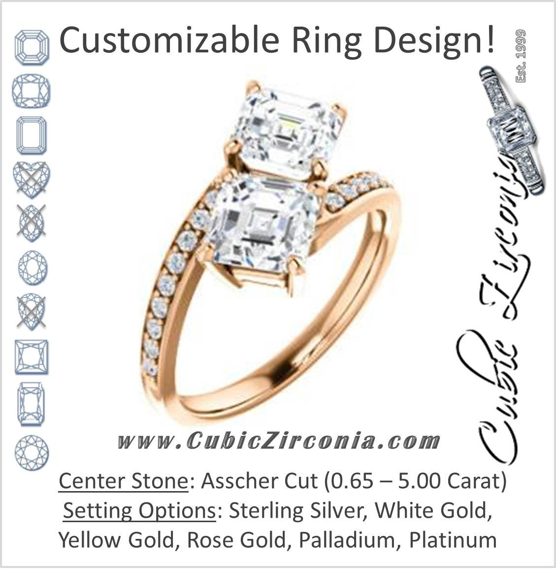 Cubic Zirconia Engagement Ring- The Phoebe (Customizable Enhanced 2-stone Double Asscher Cut Design With Round Pavé Band)