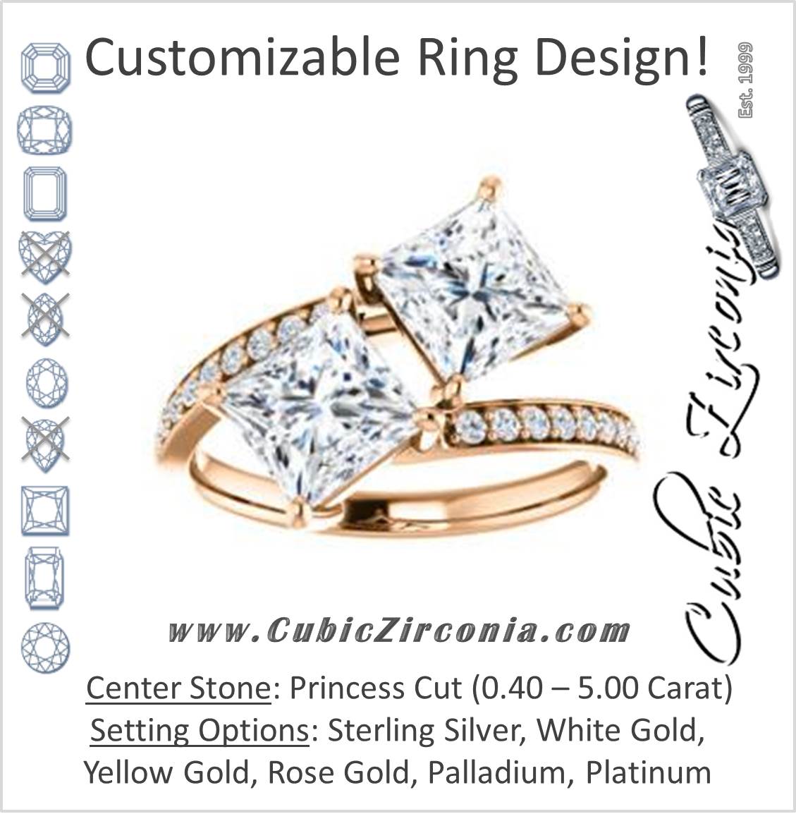Cubic Zirconia Engagement Ring- The Phoebe (Customizable Enhanced 2-stone Double Princess Cut Design With Round Pavé Band)
