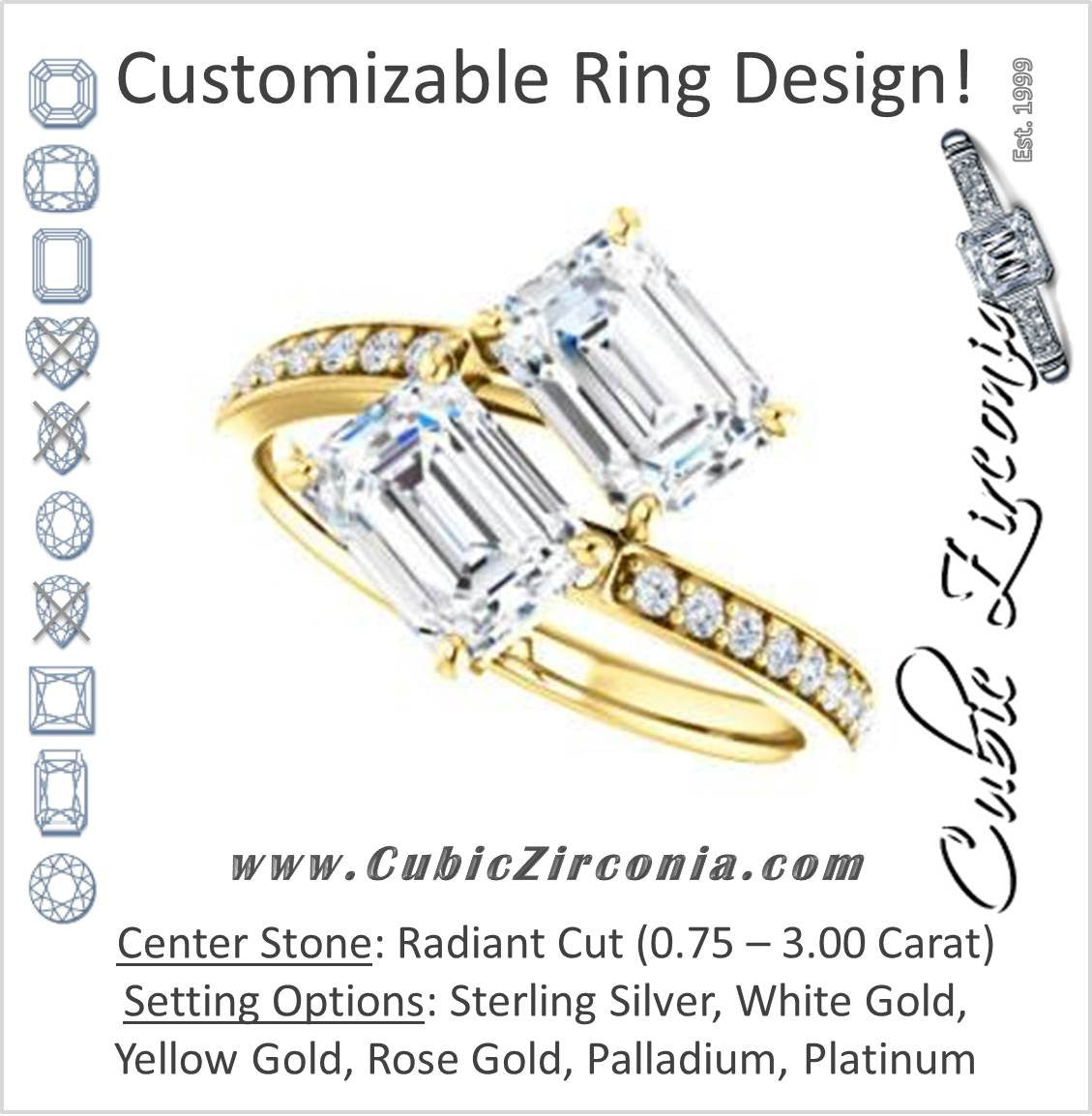 Cubic Zirconia Engagement Ring- The Phoebe (Customizable Enhanced 2-stone Double Radiant Cut Design With Round Pavé Band)