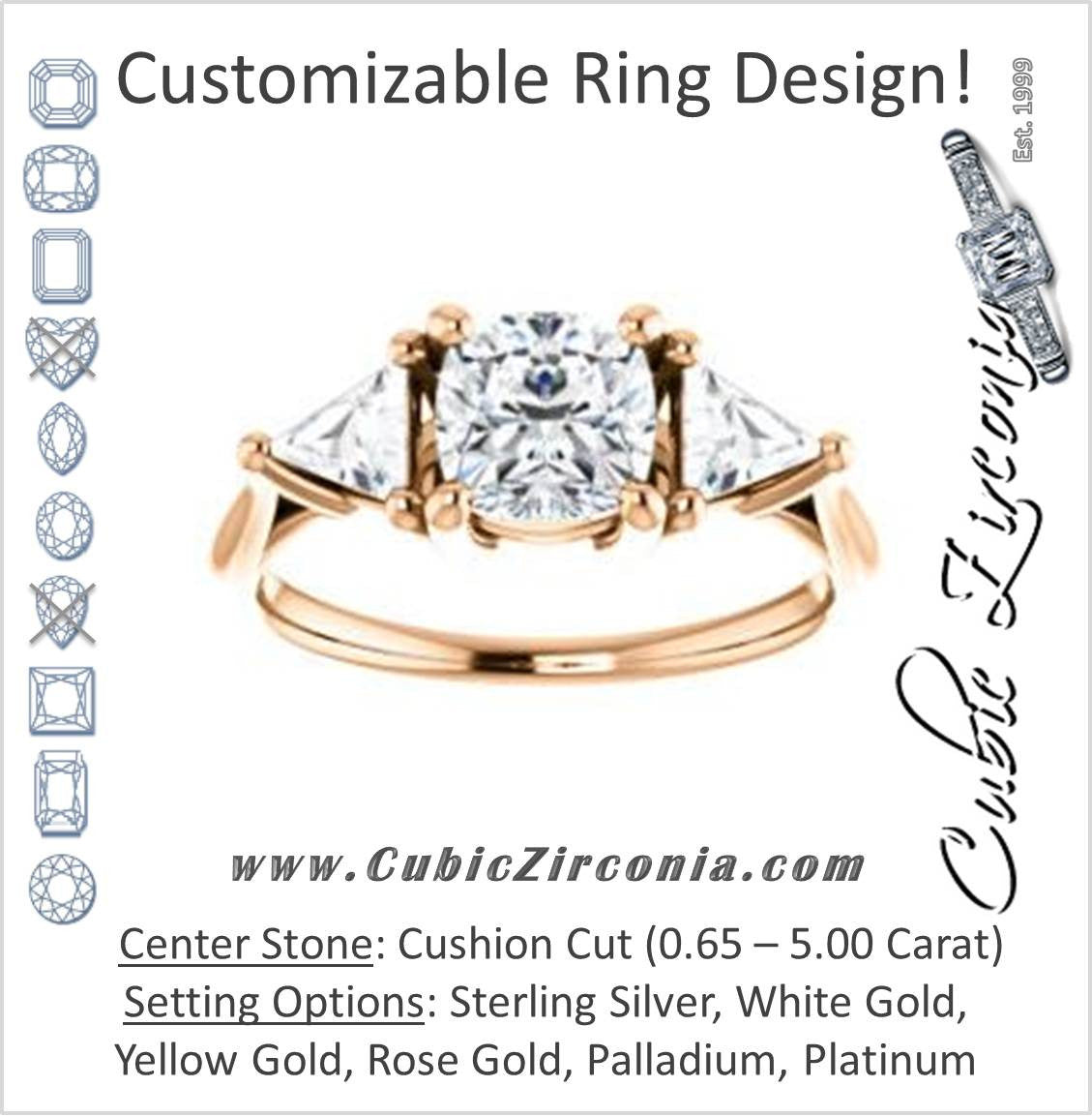 Cubic Zirconia Engagement Ring- The Prisma (Classic Three-Stone Triangle Accent and Cushion Cut center)