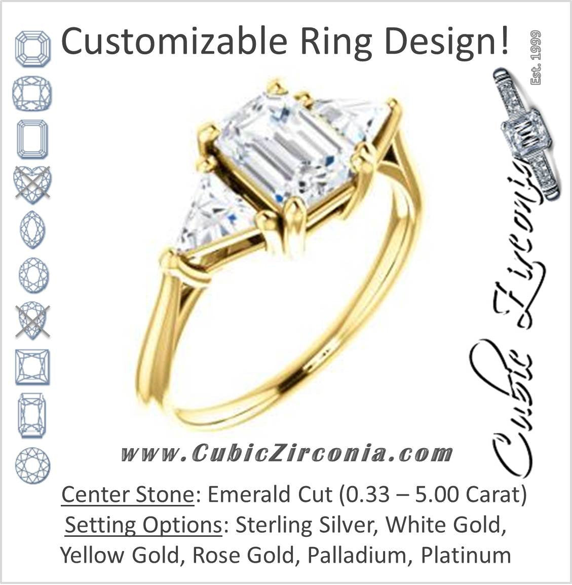 Cubic Zirconia Engagement Ring- The Prisma (Classic Three-Stone Triangle Accent and Emerald Cut center)
