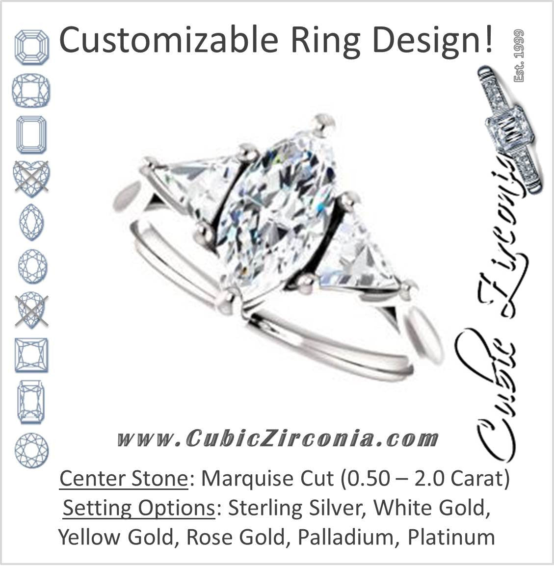 Cubic Zirconia Engagement Ring- The Prisma (Classic Three-Stone Triangle Accent and Marquise Cut center)