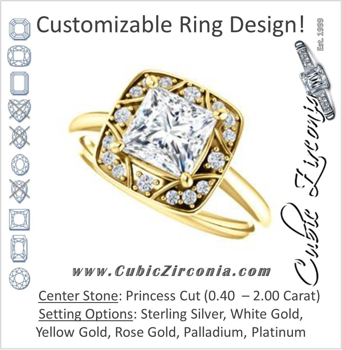 Cubic Zirconia Engagement Ring- The Rachal (Customizable Segmented Cluster-Halo Enhanced Princess Cut Design with Thin Band)