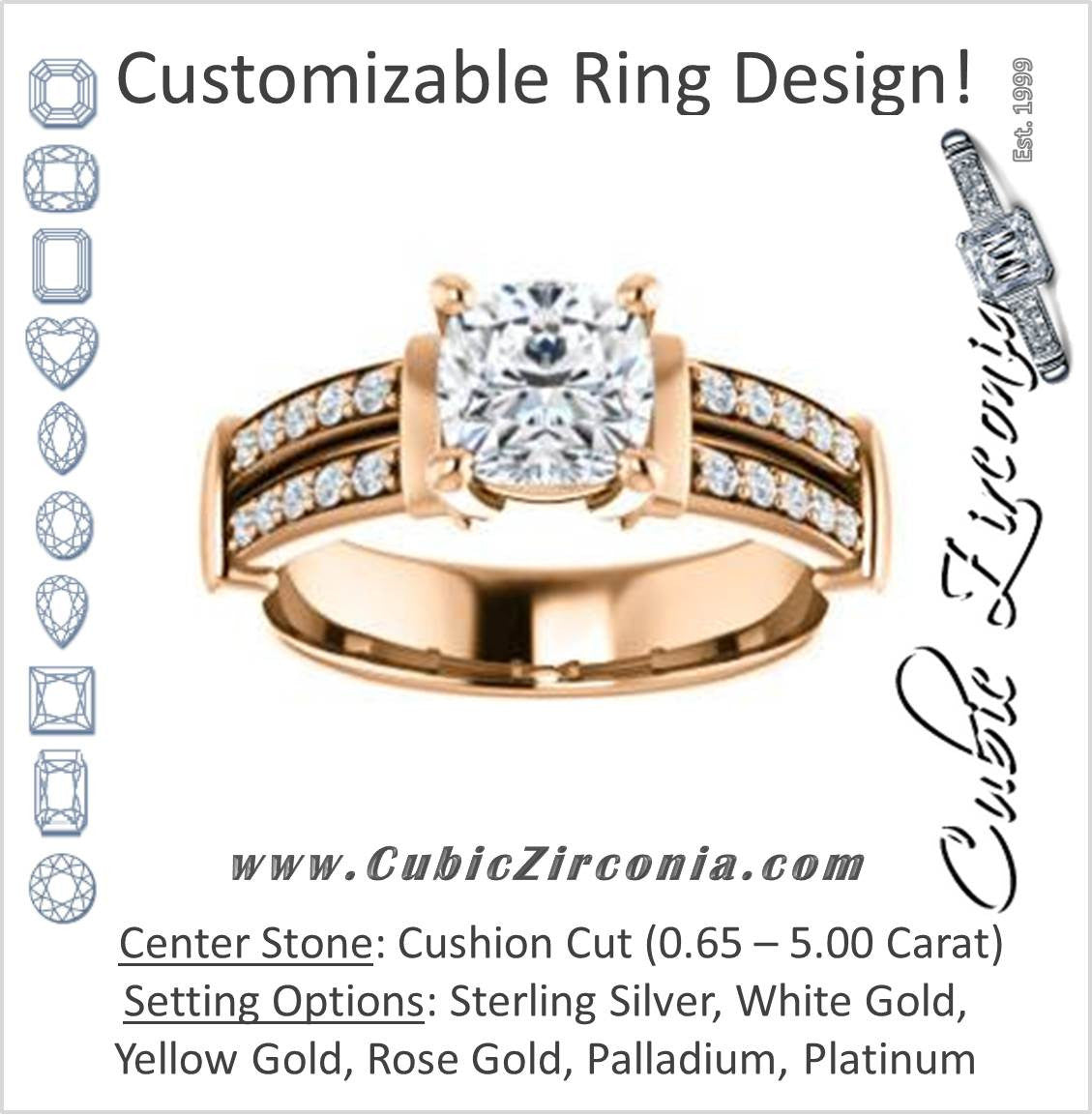 Cubic Zirconia Engagement Ring- The Rachana (Customizable Cushion Cut Design with Wide Split-Pavé Band and Euro Shank)