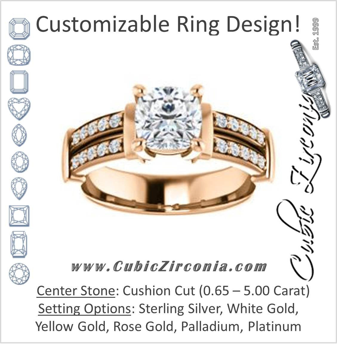 Cubic Zirconia Engagement Ring- The Rachana (Customizable Cushion Cut Design with Wide Split-Pavé Band and Euro Shank)