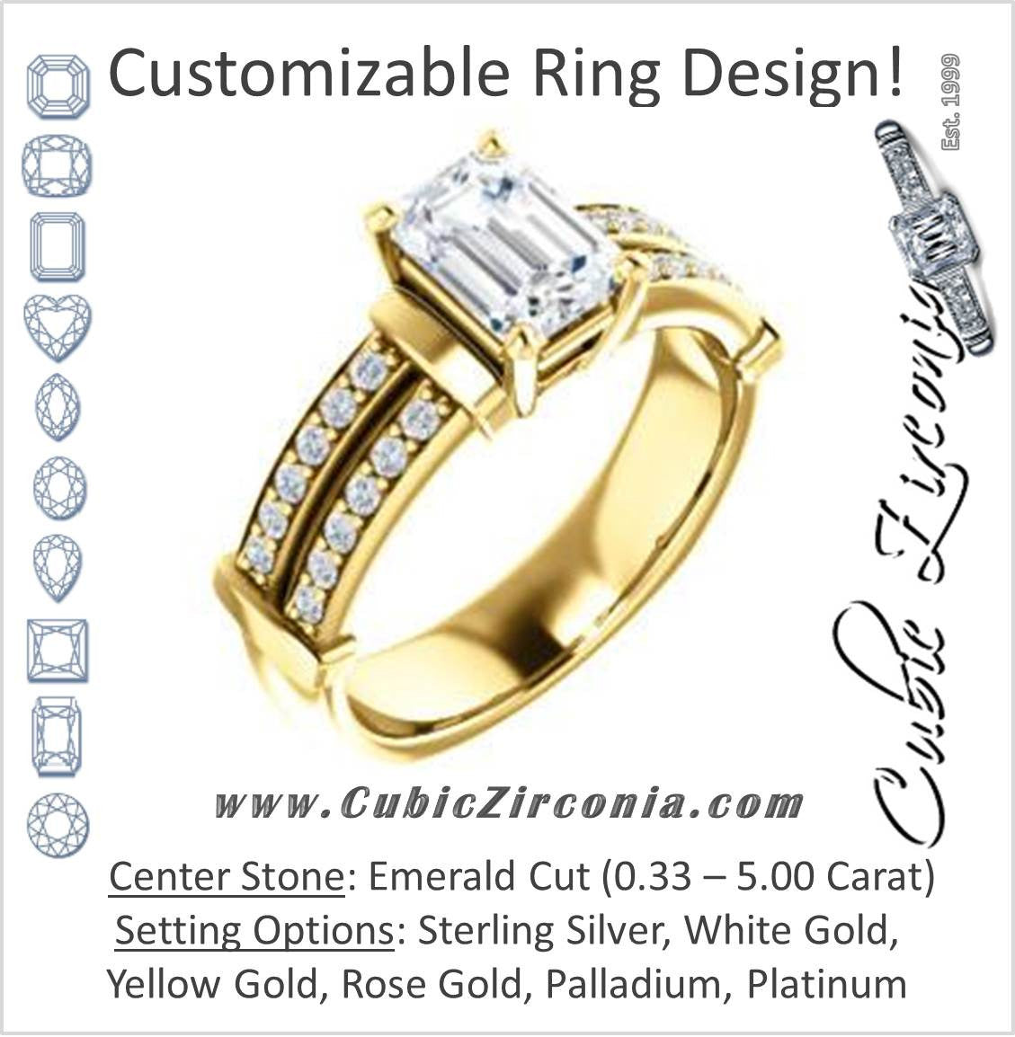 Cubic Zirconia Engagement Ring- The Rachana (Customizable Emerald Cut Design with Wide Split-Pavé Band and Euro Shank)