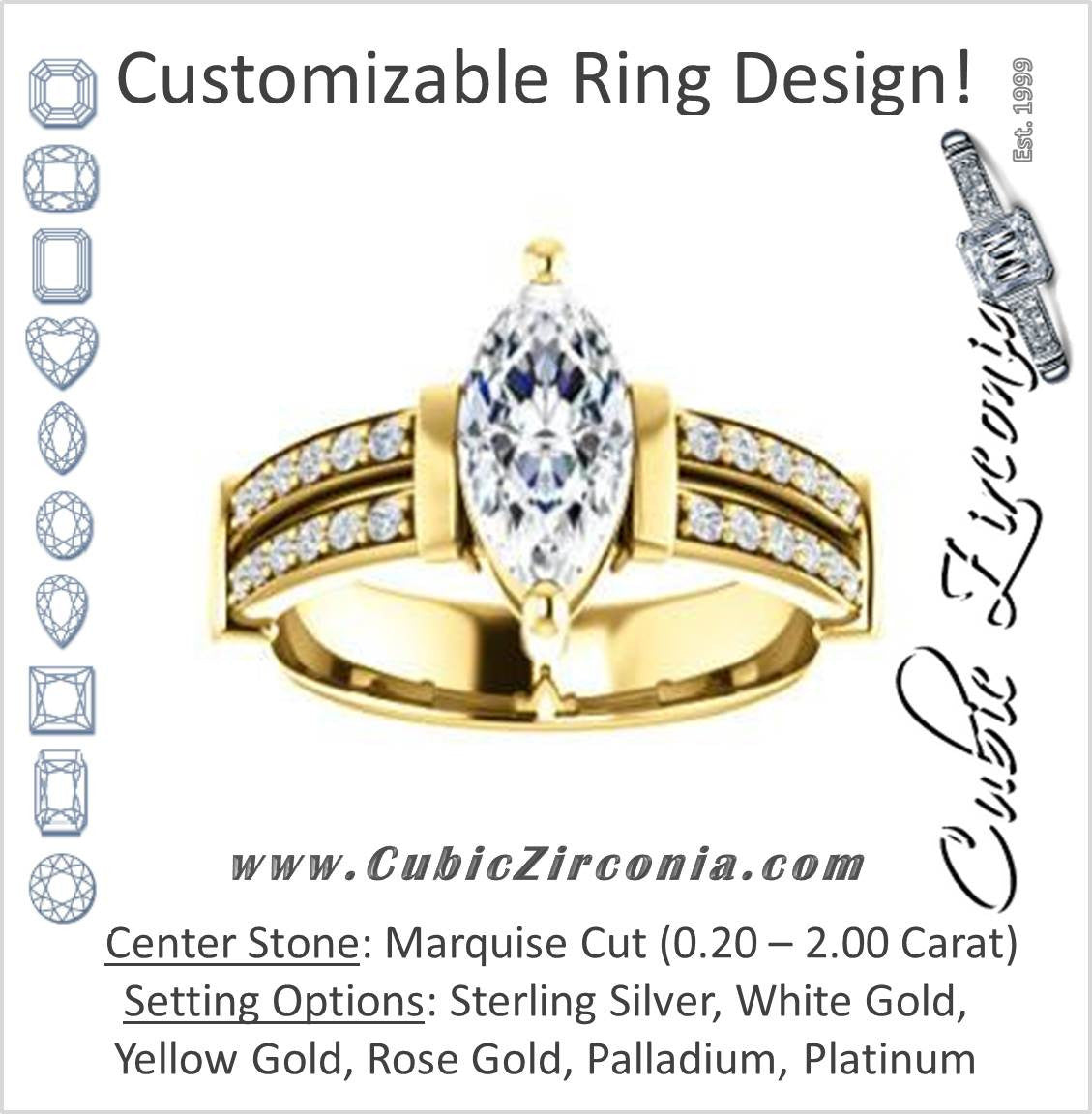 Cubic Zirconia Engagement Ring- The Rachana (Customizable Marquise Cut Design with Wide Split-Pavé Band and Euro Shank)