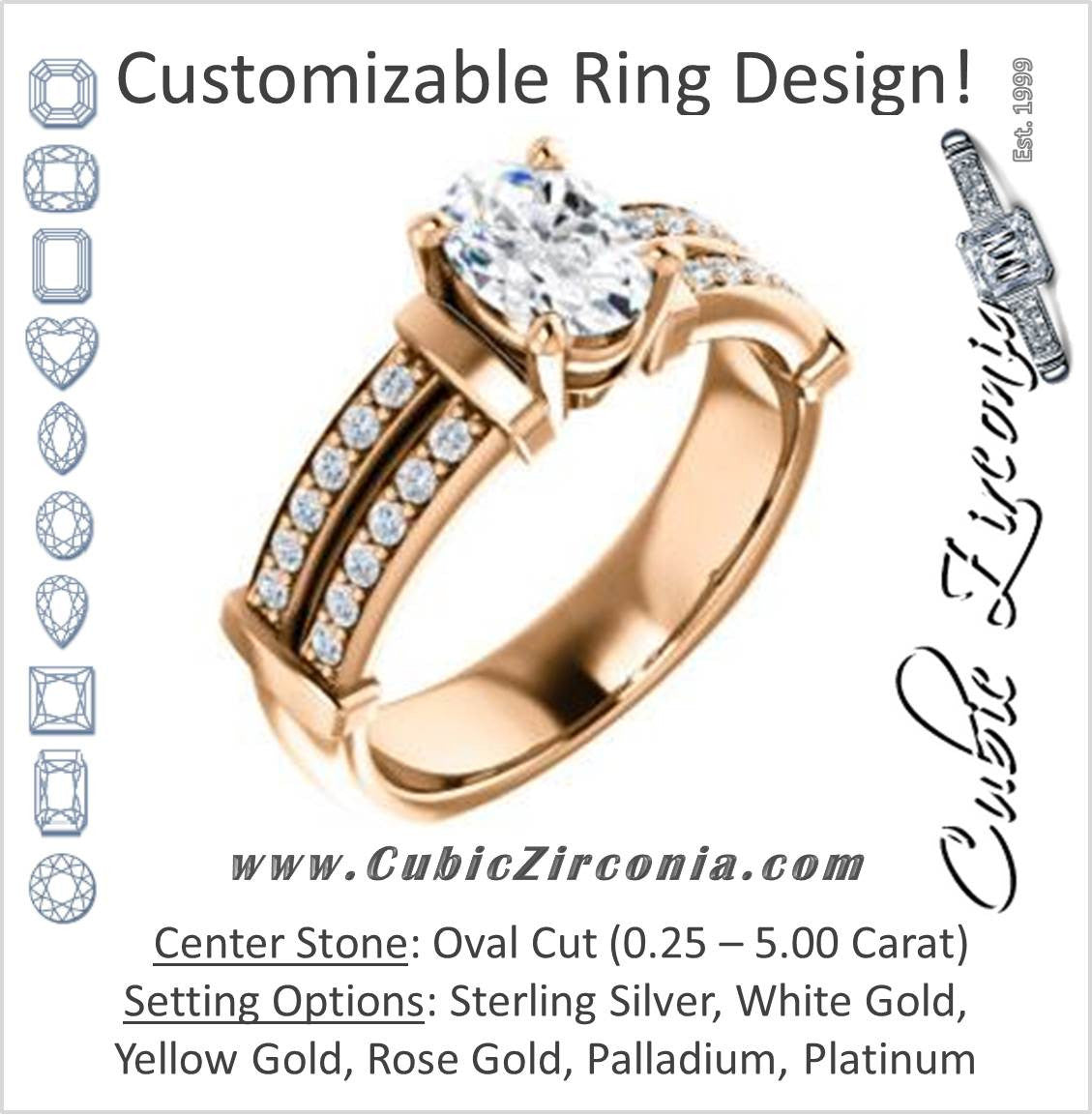 Cubic Zirconia Engagement Ring- The Rachana (Customizable Oval Cut Design with Wide Split-Pavé Band and Euro Shank)