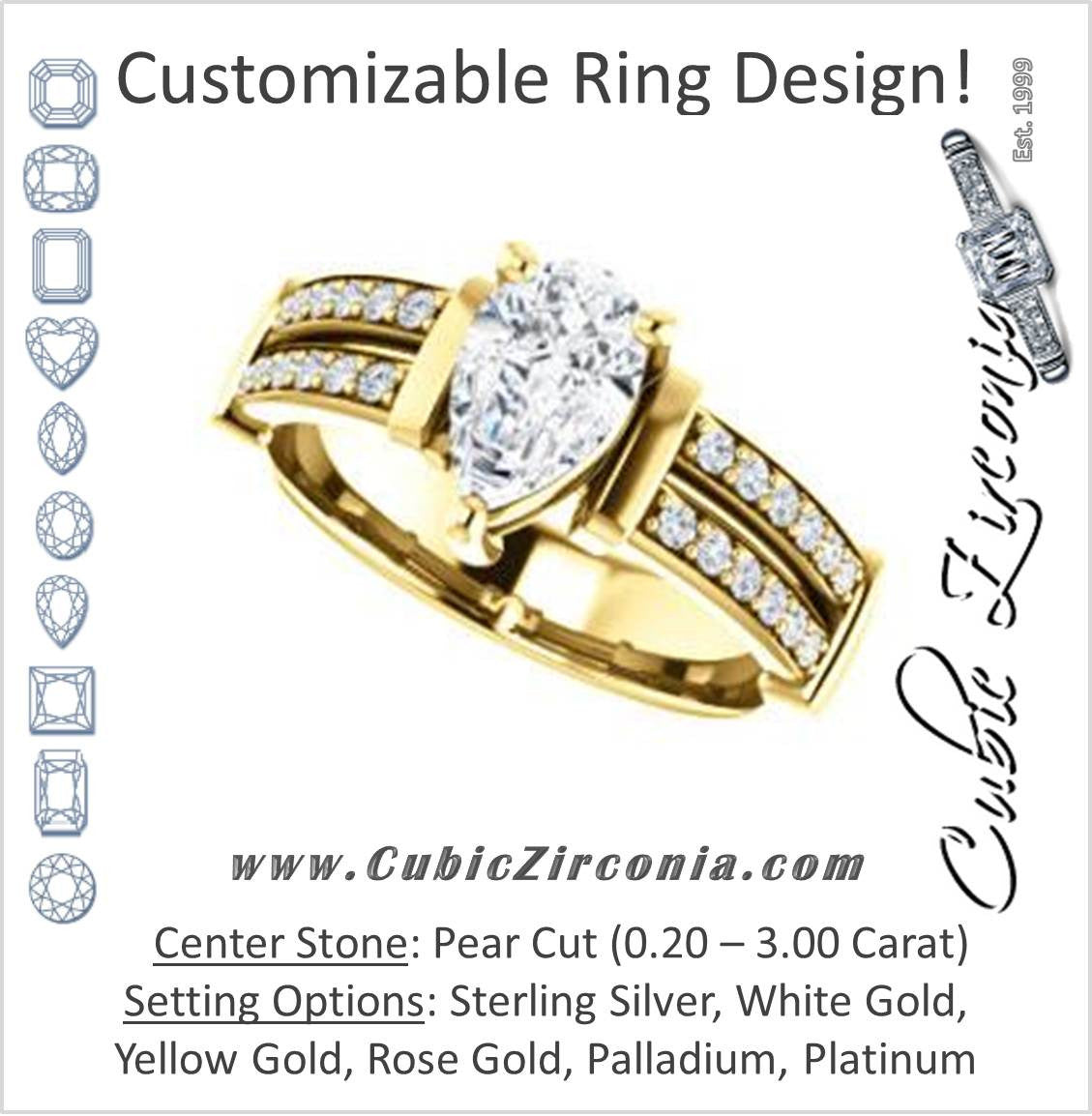 Cubic Zirconia Engagement Ring- The Rachana (Customizable Pear Cut Design with Wide Split-Pavé Band and Euro Shank)