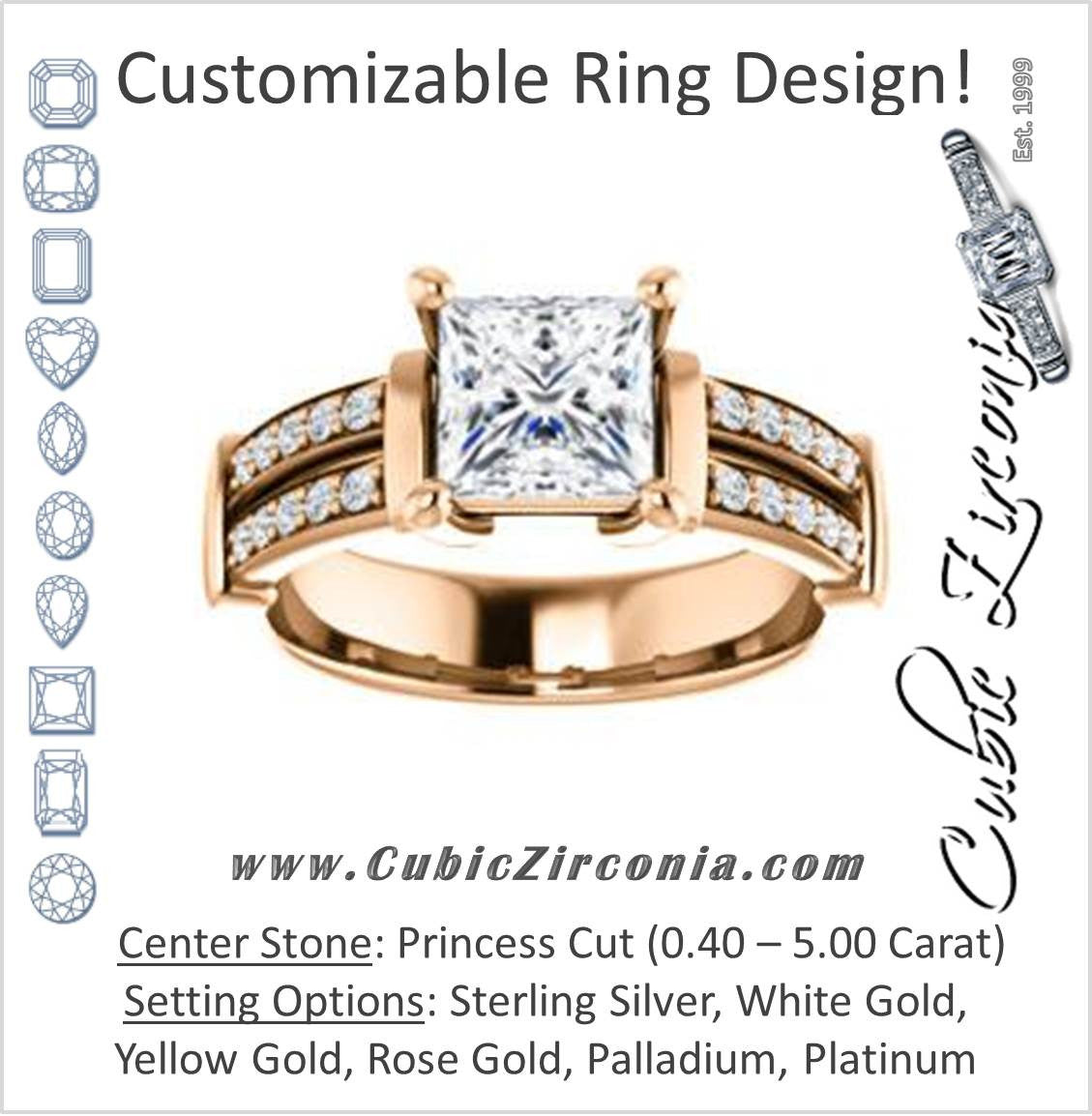 Cubic Zirconia Engagement Ring- The Rachana (Customizable Princess Cut Design with Wide Split-Pavé Band and Euro Shank)