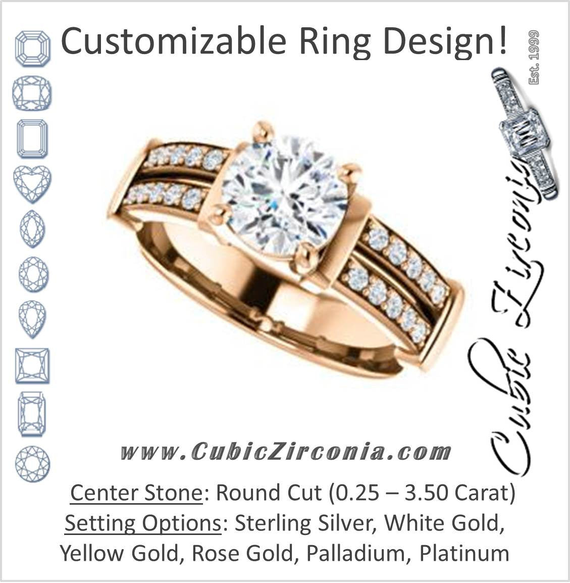 Cubic Zirconia Engagement Ring- The Rachana (Customizable Round Cut Design with Wide Split-Pavé Band and Euro Shank)