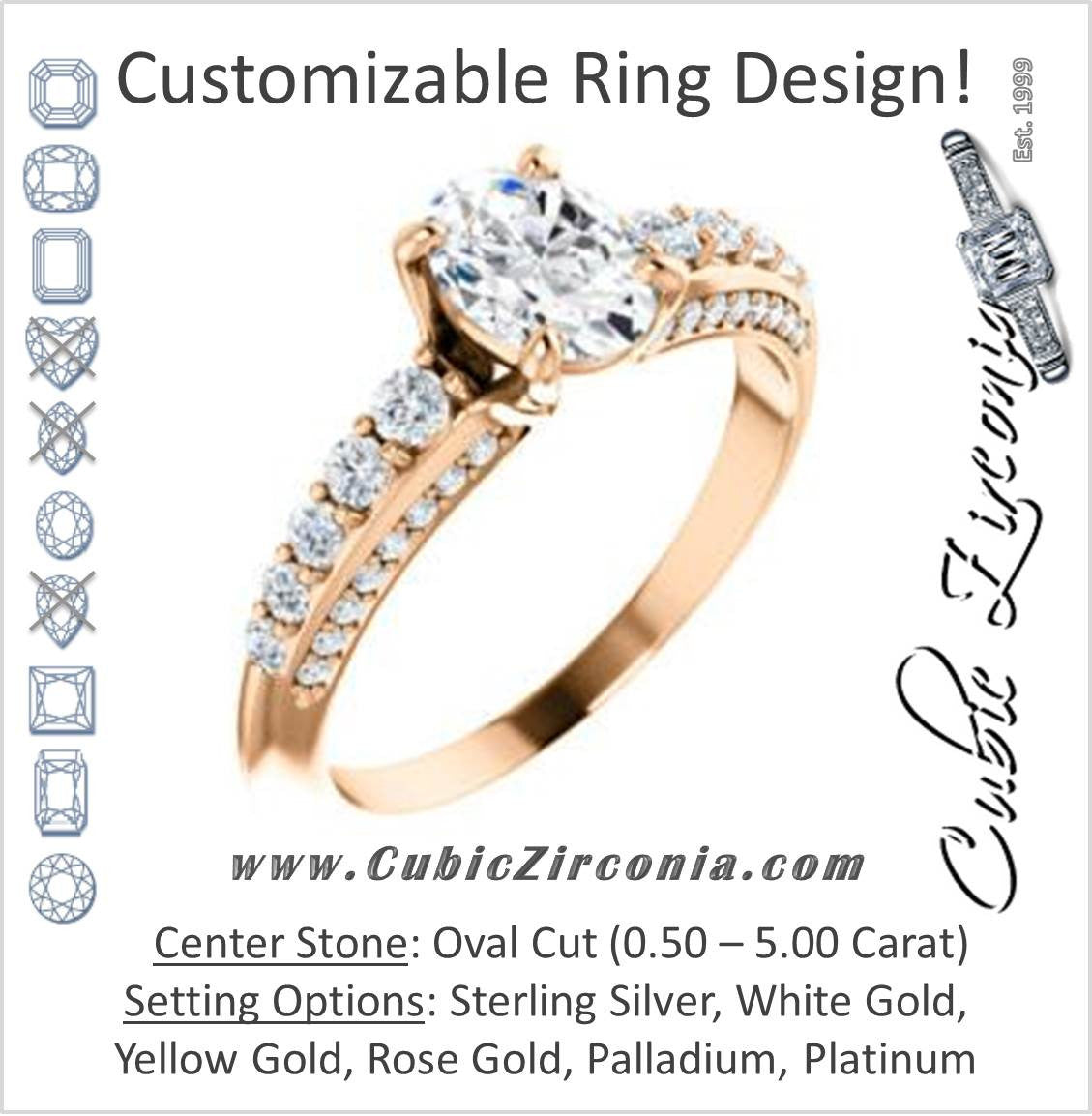 Cubic Zirconia Engagement Ring- The Rachelle (Customizable Oval Cut with 3-Sided Round Prong Side Stones)
