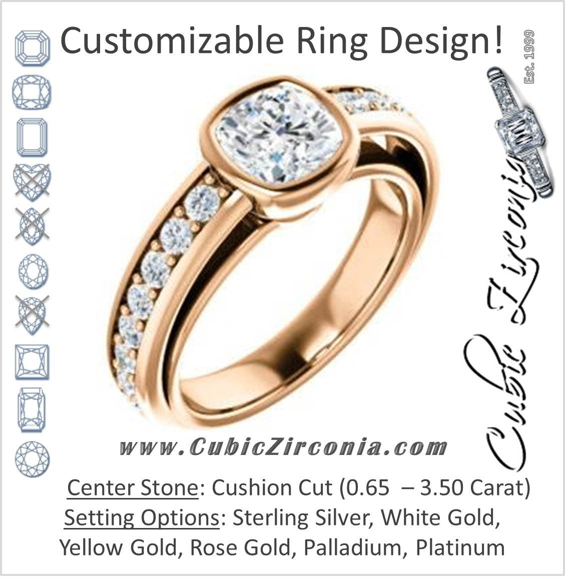 Cubic Zirconia Engagement Ring- The Racquel (Customizable Cathedral-Bezel Cushion Cut Design with Stackable Round-Accented Band)