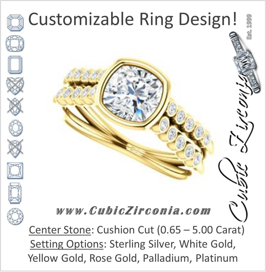 Cubic Zirconia Engagement Ring- The Rafaella (Customizable Bezel-set Cushion Cut Design with Round Bezel Accented Split Band)