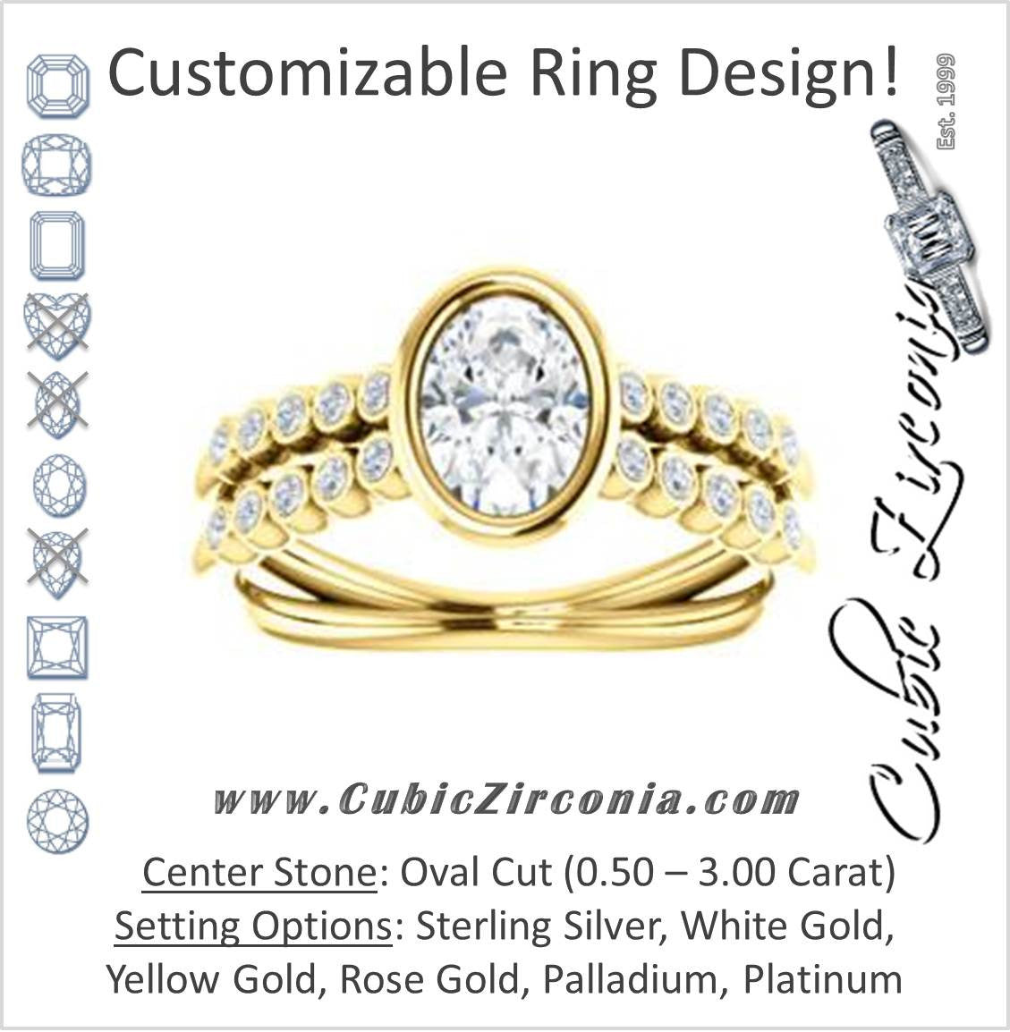 Cubic Zirconia Engagement Ring- The Rafaella (Customizable Bezel-set Oval Cut Design with Round Bezel Accented Split Band)