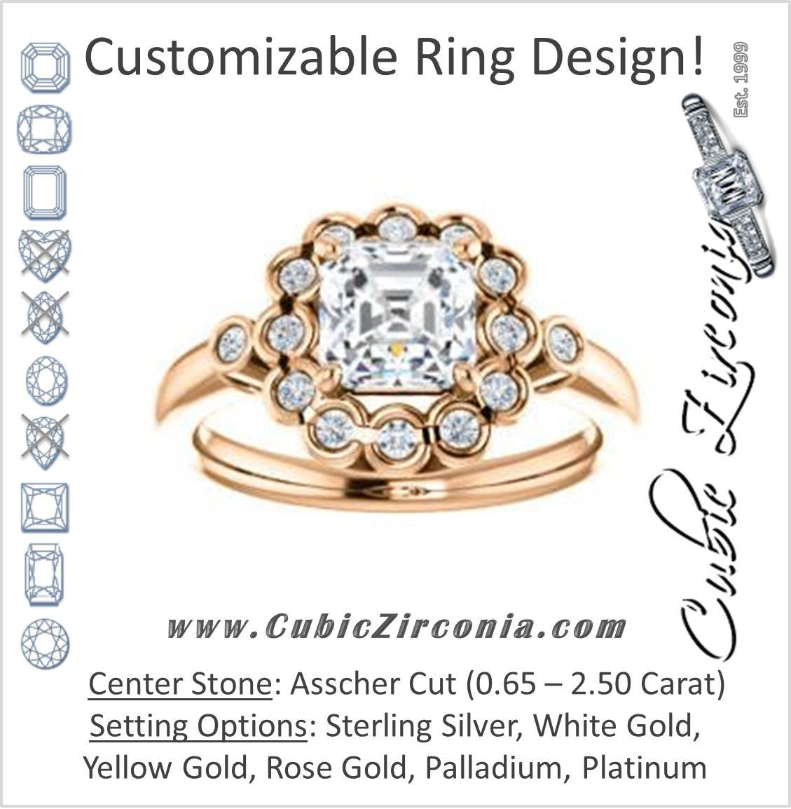 Cubic Zirconia Engagement Ring- The Raleigh (Customizable Asscher Cut Design with Clustered Halo and Round Bezel Accents)